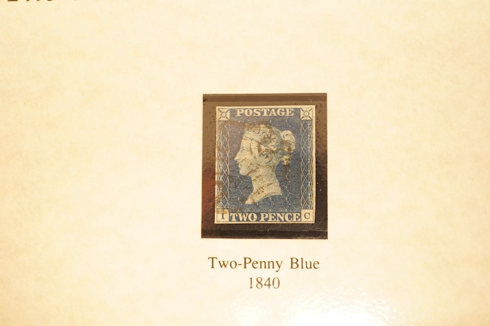 A collection of six 19th century stamps to include 1840 First Edition Two-Penny Blue, 1841 Two-Penny Blue in unused condition, 1841 used Two-Penny Blue, 1840 used Penny Black, 1841 Imperforate Penny Red and 1858-1870 Per